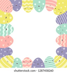 Vector Easter frame with easter eggs hand drawn on white background. Decorative frame from eggs. Vector illustration.