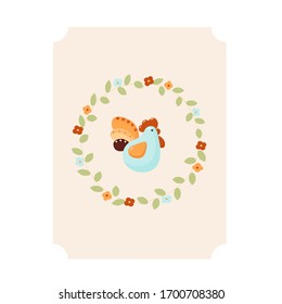 Vector Easter frame of flowers and a chicken or rooster. Easter eggs, spring flowers on a white isolated background