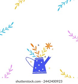 Vector Easter frame template with flowers and watering can. Flat illustration 