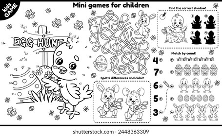 Vector Easter games placement for children. Kids outline set with cartoon chicks, rabbits, painted eggs. Activity mat with maze, connect the dots and color, find differences, coloring book and other.