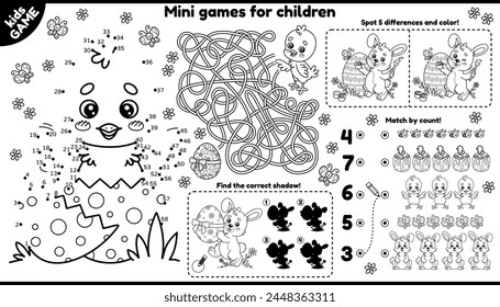 Vector Easter games placement for children. Kids outline set with cartoon chicks, rabbits, painted eggs. Activity mat with puzzle labyrinth, connect the dots, spot the differences, find correct shadow