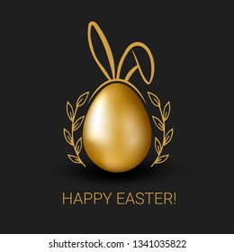 Vector Easter golden egg with bunny ears, lettering and doodle floral on black background. Сhristian symbol of the resurrection of Christ