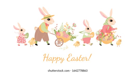 Vector Easter greeting banner with a happy family of Easter bunnies carrying painted eggs and flowers and little chickens with them. Cute cartoon vintage rabbits characters 