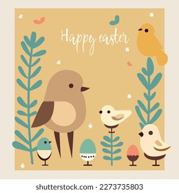 Vector Easter greeting card with birds and eggs surrounded by leaves, butterflies and branches. Pastel colors create a cheerful and festive atmosphere.