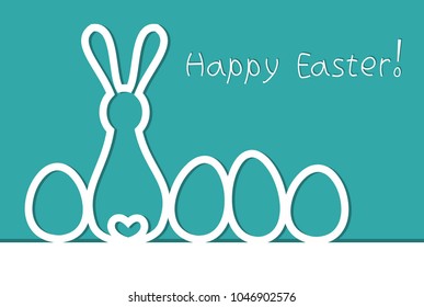 Vector Easter greeting card with bunny and four eggs. Imitation of papercutting. Handwritten text: "Happy Easter!"