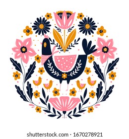 Vektorillustration Ostergrußkarte mit Huhn, Blumen und Osterferien einzeln auf weißem Hintergrund. Skandinavischer Stil.