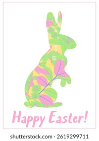 Vector Easter greeting card with decorative bunny silhouette in a floral pattern. Happy Easter spring vector greeting card for any purpose