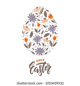 Vector Easter greeting card with egg, flowers, lettering and branches. Perfect for spring holidays. Vector illustration