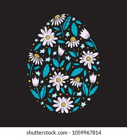 Vector Easter greeting card with egg, flowers, lettering and branches. Perfect for spring holidays. Vector illustration