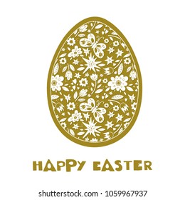 Vector Easter greeting card with egg, flowers, lettering and butterflies. Perfect for spring holidays. Vector illustration