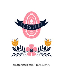 Vector Easter greeting card with , egg,flowers and easter holiday lettering isolated on white background. Scandinavian style.