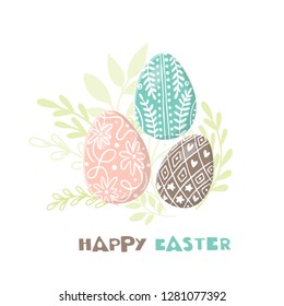 Vector Easter greeting card with easter eggs hand drawn on white background. Decorative  eggs. Easter eggs with  leaves and lettering 