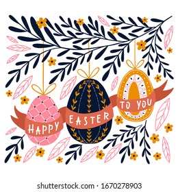 Vector Easter greeting card with  eggs,flowers, branches and easter holiday elements isolated on white background. Scandinavian style.
