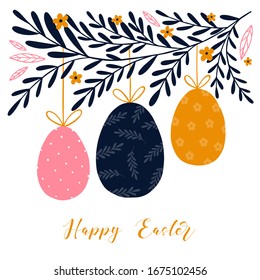 Vector Easter greeting card with  eggs,flowers, branches and easter holiday elements isolated on white background. Scandinavian style.