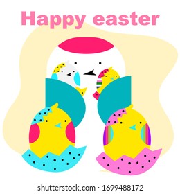 Vector easter greeting card. Family of bright multi-colored chickens with mom