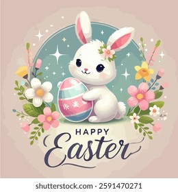 Vector Easter greeting card featuring a cute and fluffy bunny holding a decorated Easter egg. Soft pastel background with spring flowers and subtle sparkles. Elegant 'Happy Easter' calligraphy 