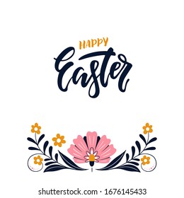 Vector Easter greeting card with flowers and easter holiday lettering isolated on white background. Scandinavian style.