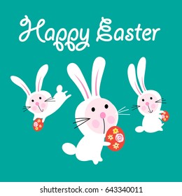 Vector Easter greeting card with funny hares on a green background