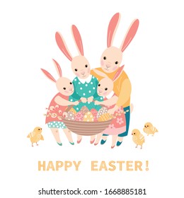 Vector Easter greeting card with a happy family of Easter bunnies carrying basket with painted eggs and flowers and little chickens with them. Cute cartoon vintage rabbits characters 
