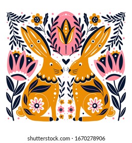 Vector Easter greeting card with hares, eggs,flowers and easter holiday elements isolated on white background. Scandinavian style.