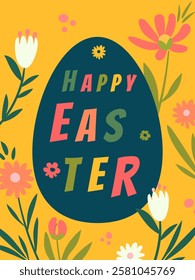 Vector Easter greeting card minimalistic naive style.Happy Easter!Aistract flowers and egg on yellow background.Spring holiday