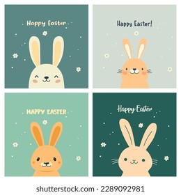 Vector Easter Greeting Card Set with Easter Cute and Funny Cartoon Rabbit. Holiday Design with Flat Hare, Bunny on Blue Background. Vector Illustration