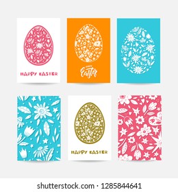 Vector  Easter greeting cards  with Easter decorative eggs and floral backgrounds. Good for spring holiday invitations. 