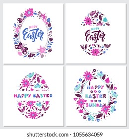 Vector Easter greeting cards with eggs, flowers, lettering and butterflies. Perfect for spring holidays. Vector illustration