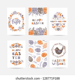 Vector  Easter greeting cards  with Easter eggs, flowers, floral frames and wreaths, bird and lettering. Good for spring holiday invitations. 