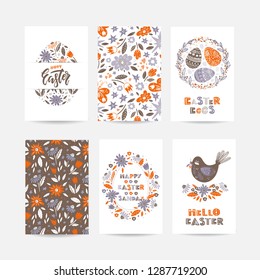 Vector  Easter greeting cards  with Easter eggs, flowers, floral frames and wreaths, bird and lettering. Good for spring holiday invitations. 