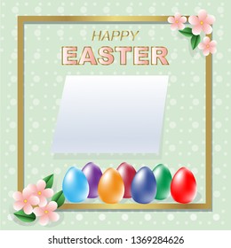 Vector of Easter greeting or invitation card,banner with colorful painting eggs,flowers,gold frame and empty  space for text on light green background with dots