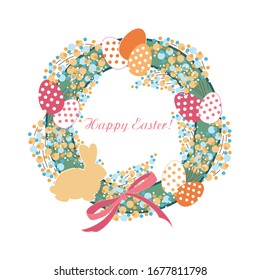 Vector Easter Greeting Wreath with eggs and polka dot design on the white  background. 