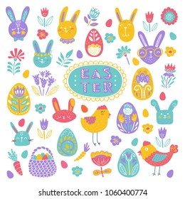 Vector Easter greetings card with isolated elements - easter rabbit, easter bucket, chicken, eggs, flower. Spring holiday background. Easter illustrations.