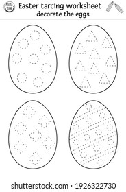 Vector Easter handwriting practice worksheet. Spring printable black and white activity for pre-school children. Educational tracing game for writing skills. Decorate the eggs 

