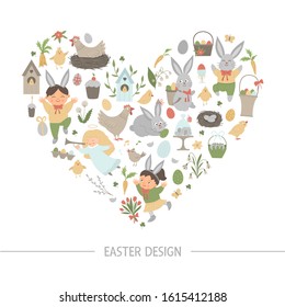 Vector Easter heart shaped frame with bunny, eggs and happy children isolated on white background. Christian holiday themed banner or invitation. Cute funny spring card template