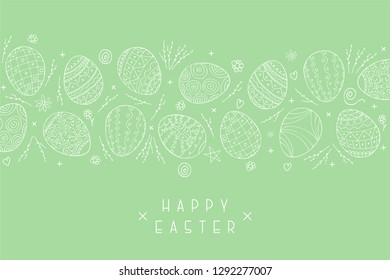 Vector easter holiday green background with hand drawn eggs. Beautiful greeting card, postcard, banner, poster, brochure.