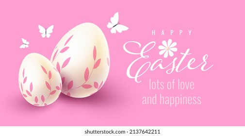 Vector easter holiday illustration with painted eggs and butterfly. Happy easter template design with decorative egg for greeting card, banner on pink color background with text