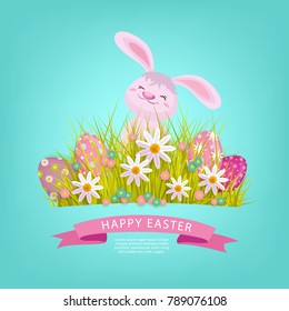 vector easter holiday poster, banner background template with spring festive elements - pink rabbit sitting at meadow with green grass, decorated eggs, daisy flowers, pink ribbon illustration