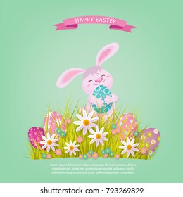 vector easter holiday poster, banner background template with spring festive elements - pink rabbit staying at meadow with green grass, decorated eggs, daisy flowers. Illustration on green background