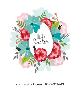 vector easter holiday sale poster, banner background template with spring elements - daisy poppy bellflower flowers, leaves with white egg, rabbit silhouettes. Isolated background illustration