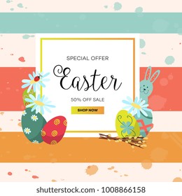 vector easter holiday special offer sale poster, banner background template with spring element rabbit decorated eggs, daisy flowers willow twigs ladybug. Grunge striped background illustration