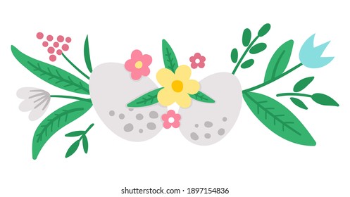Vector Easter horizontal decorative element. Cute bright composition with eggs, plants and leaves. Spring icon. Holiday floral design with first flowers and colored eggs.
