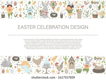 Vector Easter horizontal layout frame border with bunny, eggs and happy children isolated on white background. Christian holiday banner or invitation with place for text. Cute spring card template
