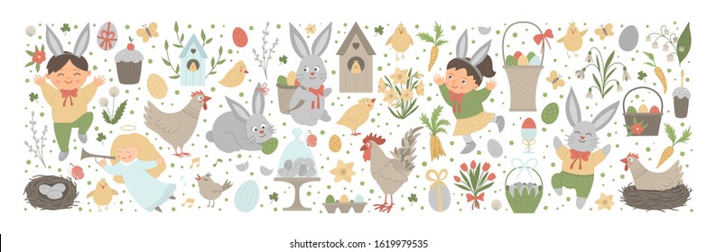 Vector Easter horizontal layout set with bunny, eggs and happy children isolated on white background. Christian holiday themed banner or invitation. Cute funny spring background