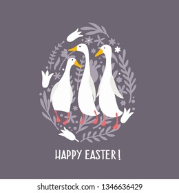 Vector easter icon geese and floral ornament pattern. Geese on the background of an egg textured by a floral pattern and the text: Happy Easter! Illustration of easter card in flat minimalism style.