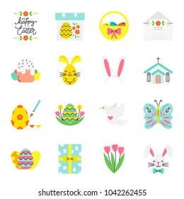 Vector Easter icon set in flat style. Holiday colorful symbols