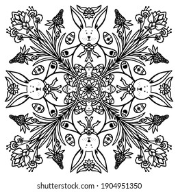 Vector Easter illustration. Easter bunny in flowers. Mandala, pattern in a circle on a white background is isolated. Coloring book, postcard.