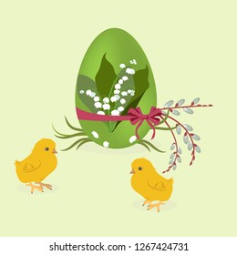 Vector easter illustration with chickens and a festive egg on a yellow background. Template for postcard, poster, web design.