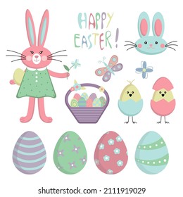 Vector Easter illustration. Cute Easter bunny and Easter eggs. Collection of spring elements for your design. Happy Easter.