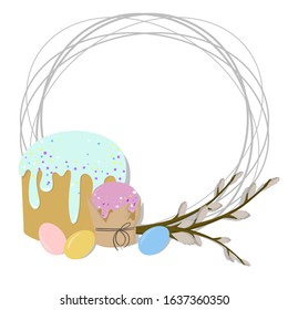 Vector easter illustration elements in frame: eggs, cakes, willow. White background.  You can use it for packaging, textiles, web design and postcards